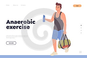 Anaerobic exercise landing page design template with happy man athlete holding bottle of water