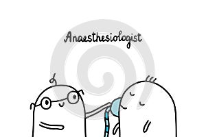 Anaesthesiologist hand drawn vector illustration in cartoon style. Men and patient with mask