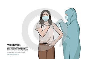 Anaesthetist making arm injection to girl. Anti flu virus syringe shot illustration. Nurse taking care of patient, coronavirus photo