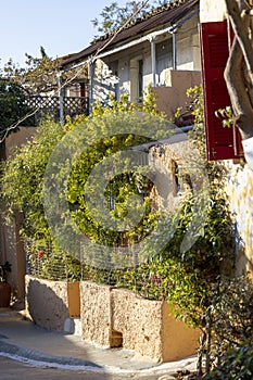 Anafiotika, scenic tiny neighborhood of Athens, part of the old historical district Plaka, narrow streets, Athens, Greece