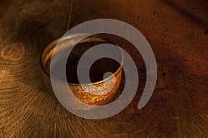 Anagama Fired Bowl on Wood Background