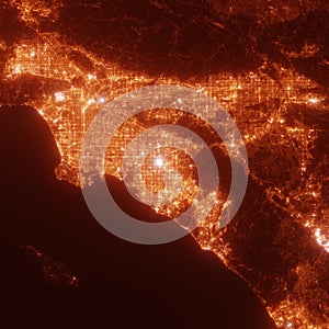 Anaheim city lights map, top view from space. Aerial view on night street lights. Global networking, cyberspace