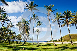 Anakena beach and Ahu Nau Nau on Easter Island