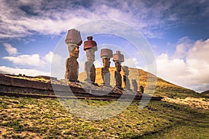 Anakena beach, Easter Island - July 10, 2017: Moai altar of Anakena beach, Easter Island