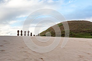 Anakena Beach on Easter Island or Rapa Nui in Chile. Moai at Ahu Nua Nua