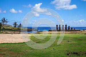 Anakena palm beach and Moais statues site ahu Nao Nao, easter is