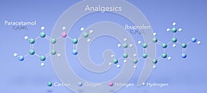 analgesics - ibuprofen, paracetamol, molecular structures, 3d model, Structural Chemical Formula and Atoms with Color Coding photo