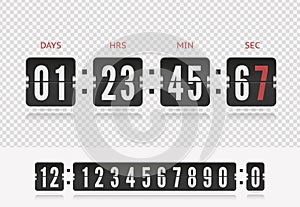 Analog airport board countdown timer with hour or minute. Vector vintage flip clock time counter. Scoreboard number font