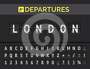 Airport flip board font showing flight departure destination in Europe London. Vector photo