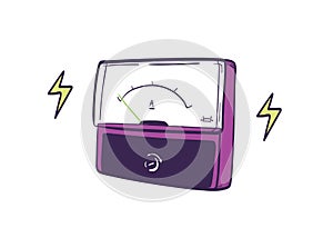 Analog ammeter hand drawn on white background. Instrument used for measuring electric current. Equipment of physics