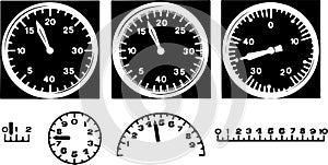 Analog black-and-white instruments or speedometers with arrows for measuring speed