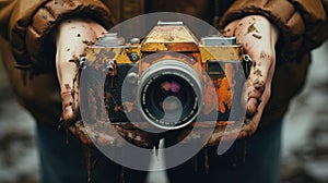 Analog camera between photographer and hand