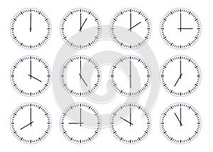 Analog circle clock show time every hour icon. Flat watch face with 12 oclock, timer animation. Wall clocks one to