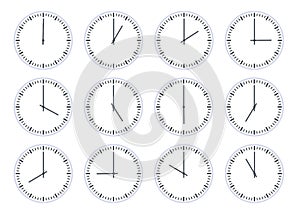 Analog circle clock show time every hour icon. Flat watch face with 12 oclock, timer animation. Wall clocks one to photo