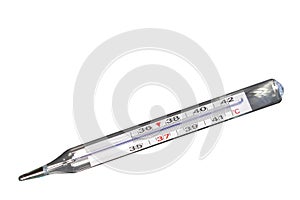 Analog clinical thermometer, mercury free, calibrated in degrees centigrade indicating a temperature of 38.5 degrees centigrade. photo
