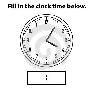 Analog clock. What is the time, write the Learning clock, and math worksheet.