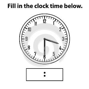 Analog clock. What is the time, write the Learning clock, and math worksheet.