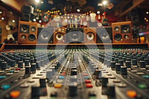 Analog and Digital Audio Mixing Console and Speakers in Professional Sound Studio with Warm Lights