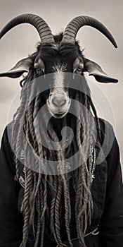 Analog Portrait Of A Goat With Braided Braids And Trachten