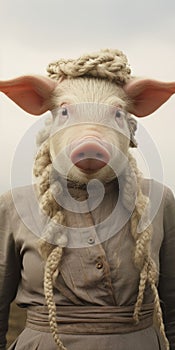 Analog Portrait Of A Pig With Braided Braids And Trachten