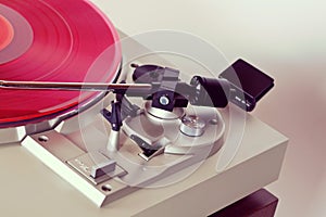 Analog Stereo Turntable Vinyl Record Player Tonearm Closeup