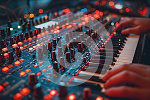 Analog Synthesizer Close-up. Music Equipment with Knobs, Keys, and Sound Panel.