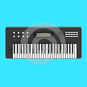 Analog synthesizer icon. Vector illustration of the musical instrument. Flat style design with long shadow.