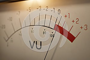 Analog VU meter measuring volume level of sound. 3D rendered illustration.