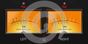 Analog VU meter with peak LED. Decibel power level