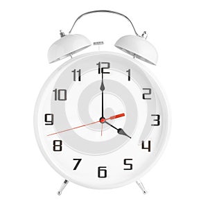Analog white alarm clock showing four o`clock isolated on white background