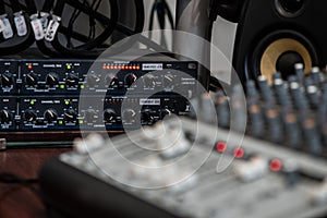 Analogic Sound Mixer. Professional audio mixing console radio and TV broadcasting