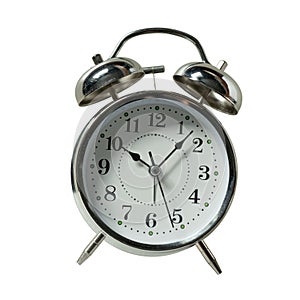 Analogue alarm clock on white background with clipping path