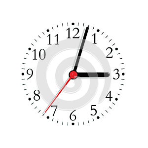 Analogue clock face dial in black and seconds hand in red at 3:03, large detailed isolated macro closeup