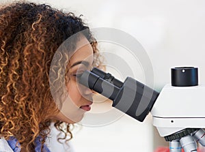 Analyse, microscope and female scientist in laboratory for research or medical breakthrough. Person, health and photo