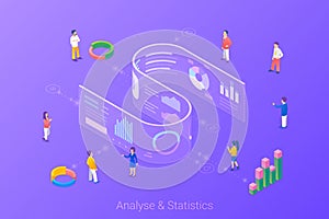 Analyse Statistics Big Data Charts Diagrams Isometric Flat vector illustration. People working with future interface HUD on photo