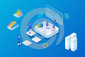 Analyse statistics data online Isometric Flat vector illustration. Servers, charts, diagrams, people display