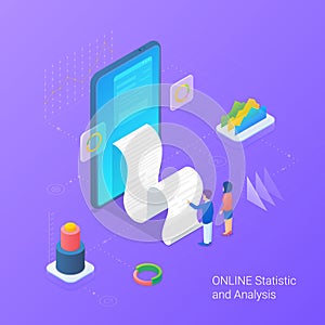 Analyse statistics data online services Isometric Flat vector illustration. Man and Woman looking on Bill from Mobile phone