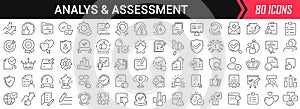 Analysis and assessment linear icons in black. Big UI icons collection in a flat design. Thin outline signs pack. Big set of icons