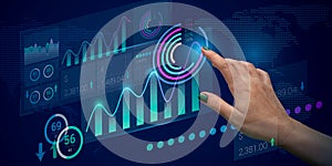 Analysis of the client base, Internet marketing, and increasing sales. Manager& x27;s hand and abstract charts and pie