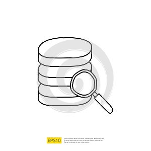 analysis concept doodle linear icon with magnifier and data server. Statistics science technology, digital marketing and machine