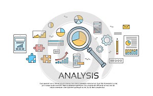 Analysis Concept Finance Diagram Infographic Magnifying Glass Set Thin Line Collection