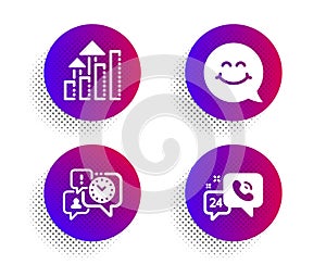 Analysis graph, Smile face and Time management icons set. 24h service sign. Targeting chart, Chat, Office chat. Vector