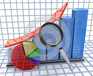 Analysis of growing business graph and pie chart and magnifying