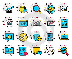 Analysis line icons. Charts, Reports and Graphs. Vector