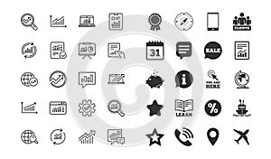 Analysis line icons. Charts, Reports and Graphs. Vector