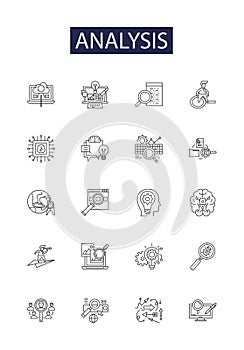 Analysis line vector icons and signs. Assaying, Examine, Inspect, Investigate, Observe, Study, Analyzing, Appraise