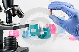 Analysis of medicaments in laboratory. Medical Research and diseases Science