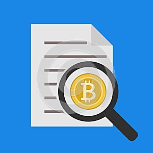 Analysis and Reporting Bitcoin Vector Icon in flat style isolated on blue background.