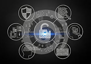 For analysis, server racks for data storage, binary code in a