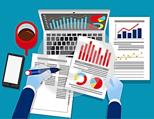 Analyst business. Auditor working on statistical data paper documents. Concept business vector illustration, Report, Spreadsheets